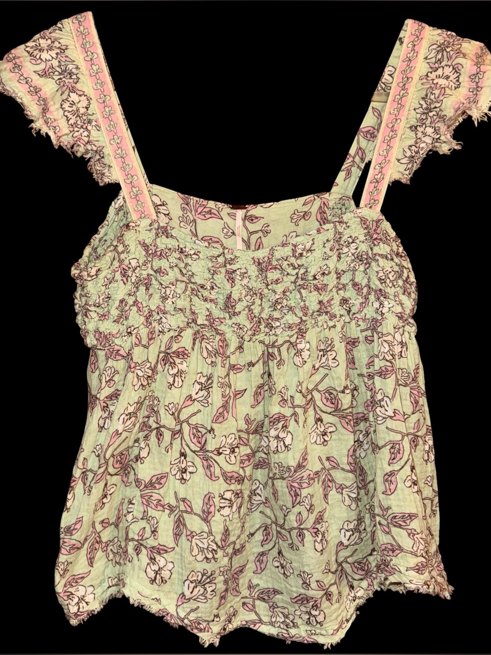 Free People Nala Printed Babydoll Mint Green & Pink Floral Camisole Top